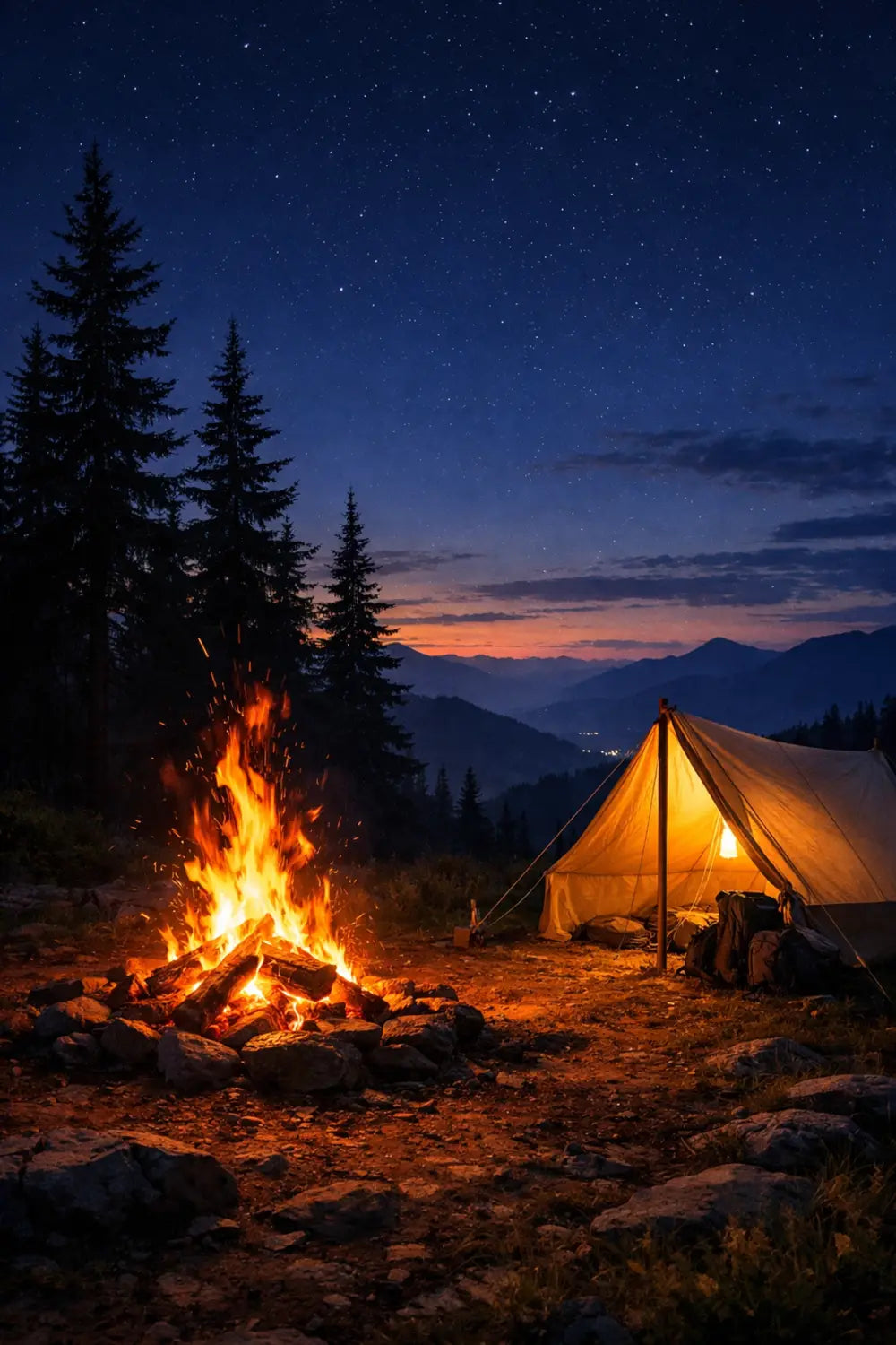 A glowing campfire next to a canvas survival shelter in a mountain forest at twilight.