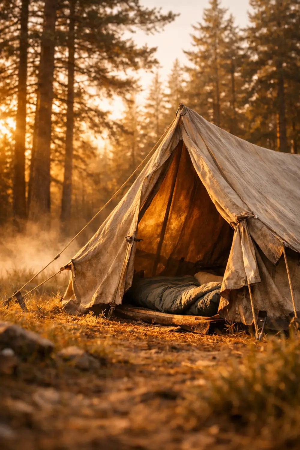 Camping tent pitched in forest clearing at sunrise for wilderness adventure