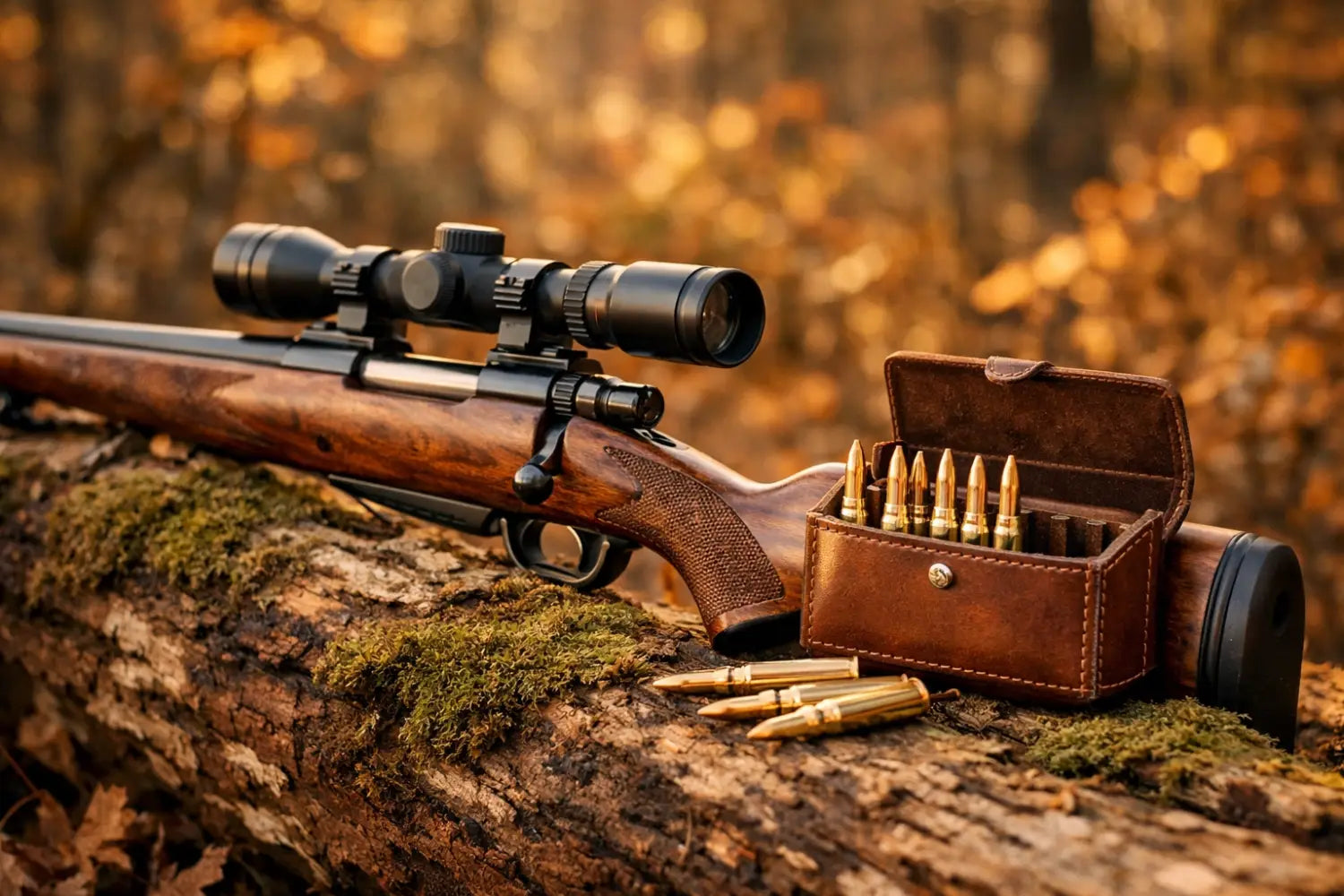 Hunting rifle and ammo on a log, symbolizing ethical hunting and integrity in nature.