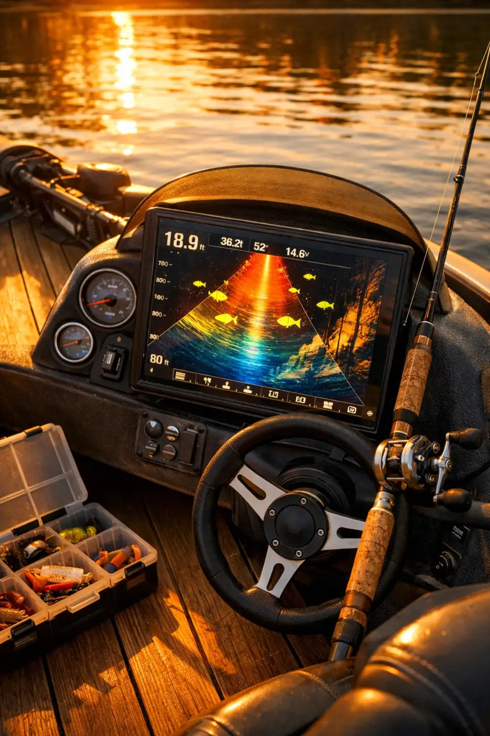 Forward-facing sonar screen on fishing boat console showing real-time fish detection at sunset