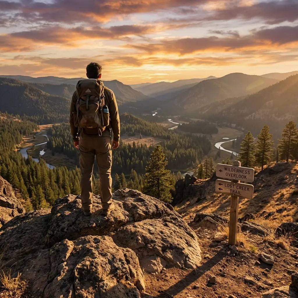 A lone hiker stands on a sunlit mountain overlook, symbolizing spiritual renewal and outdoor adventure in nature.