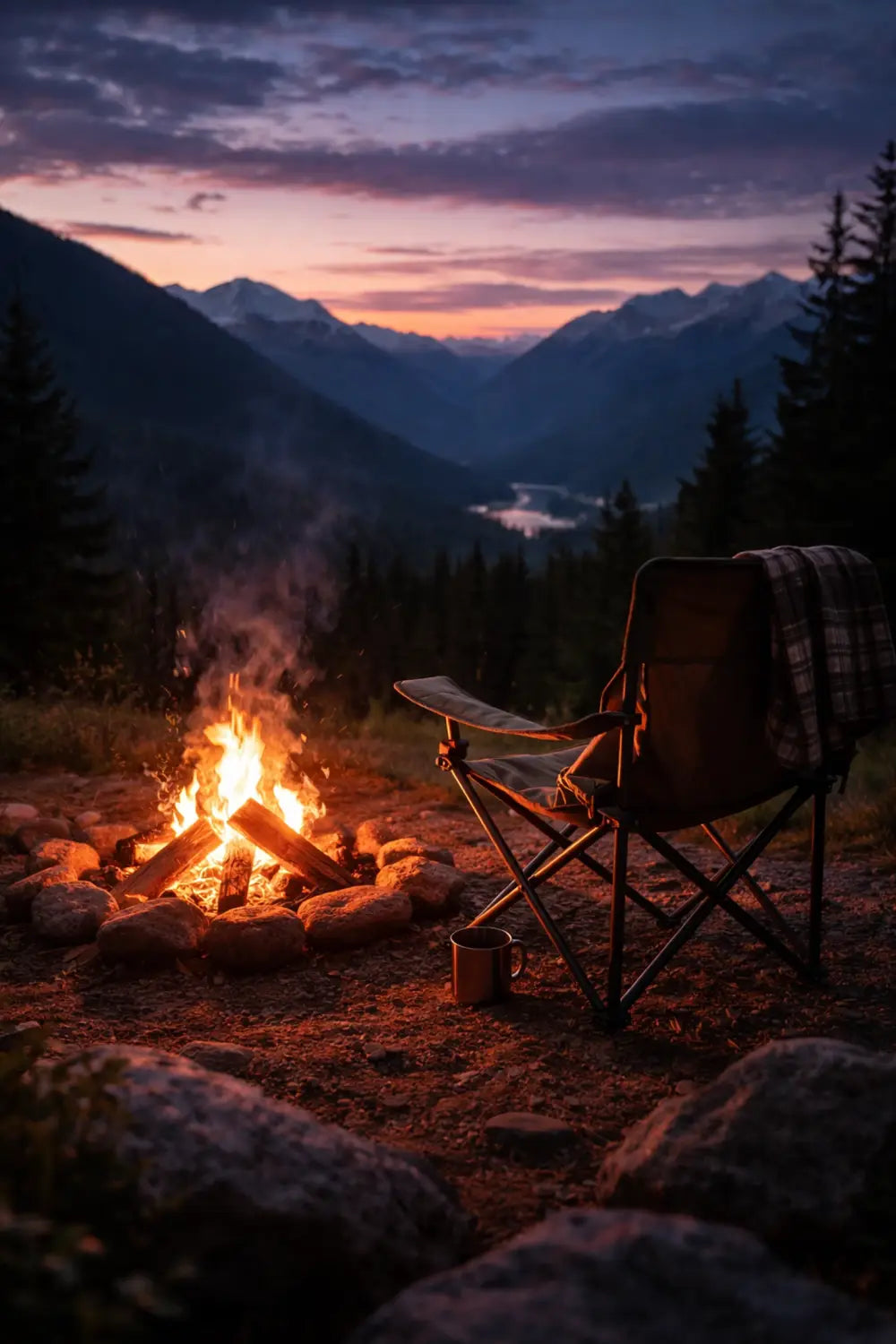 Camp chair beside a glowing campfire overlooking mountain scenery, embodying stillness and reflection