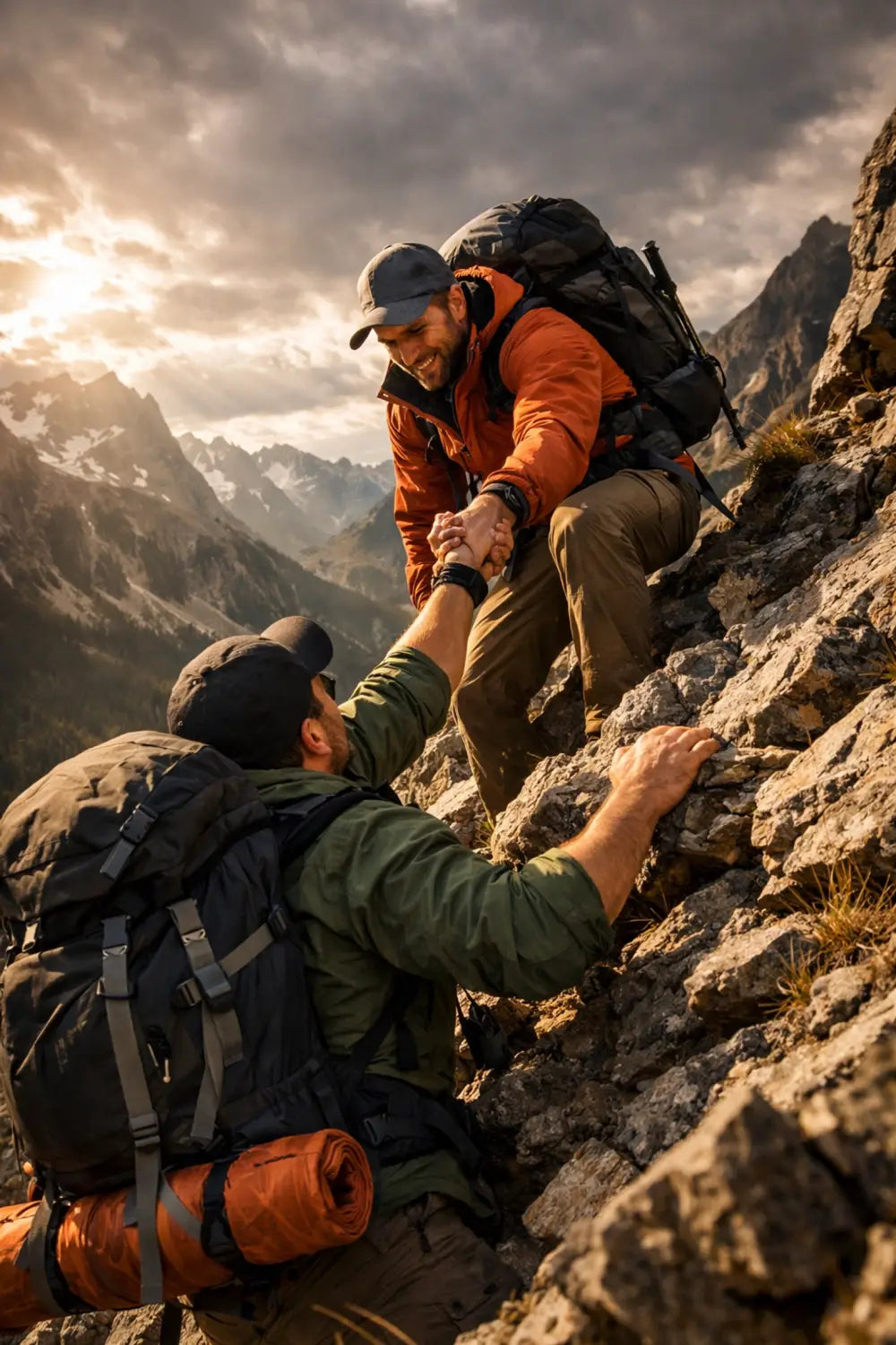 Two hikers helping each other climb steep rocky trail, demonstrating faith and perseverance outdoors