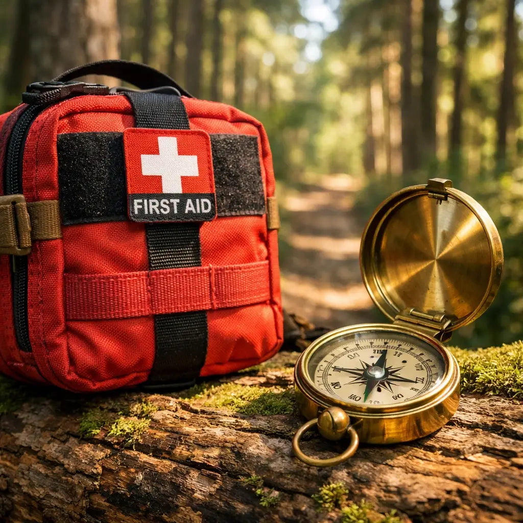 Adventure medical first aid kit and brass compass on a log for safe, faith-led wilderness exploration.
