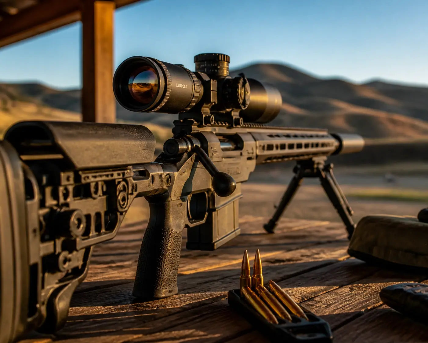 Close-up of a precision rifle with optics at an outdoor range for disciplined practice.
