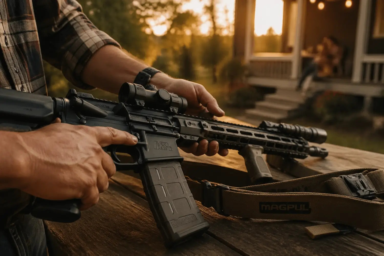 Inspecting a rifle with Magpul accessories on a rustic bench, symbolizing faith and protection.