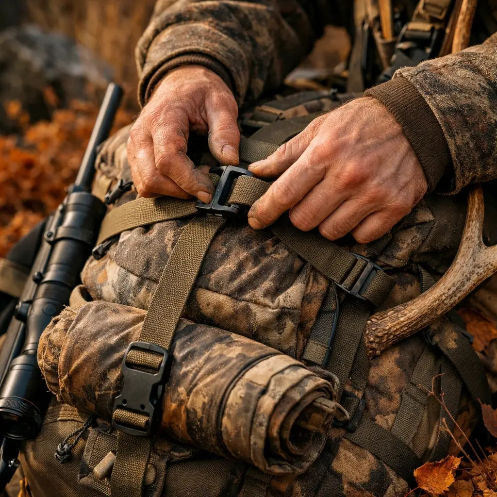 Hunter adjusting durable compression straps on a loaded Tenzing pack after a successful harvest.