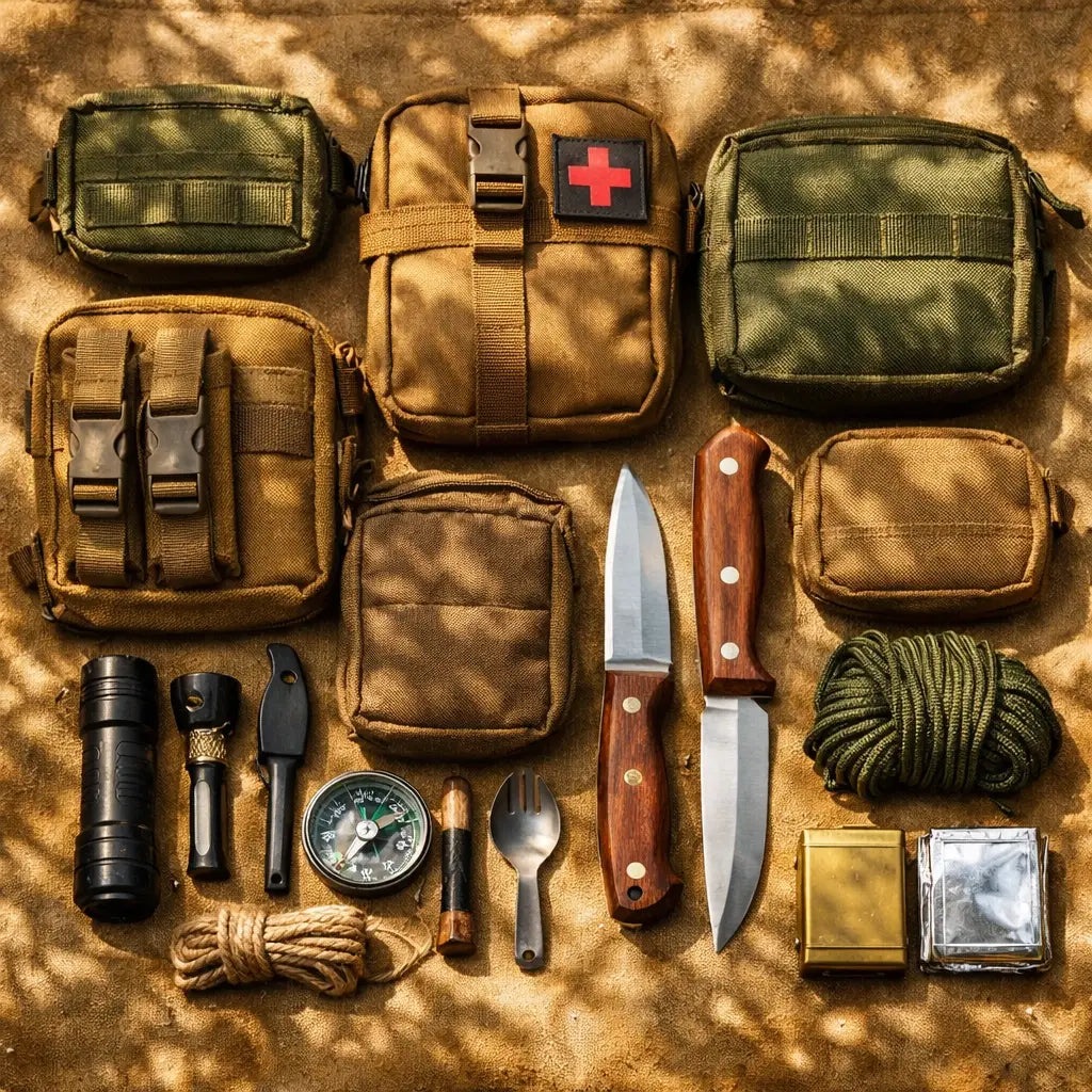 Well-organized tactical camping gear and survival equipment laid out for a stress-free trip.