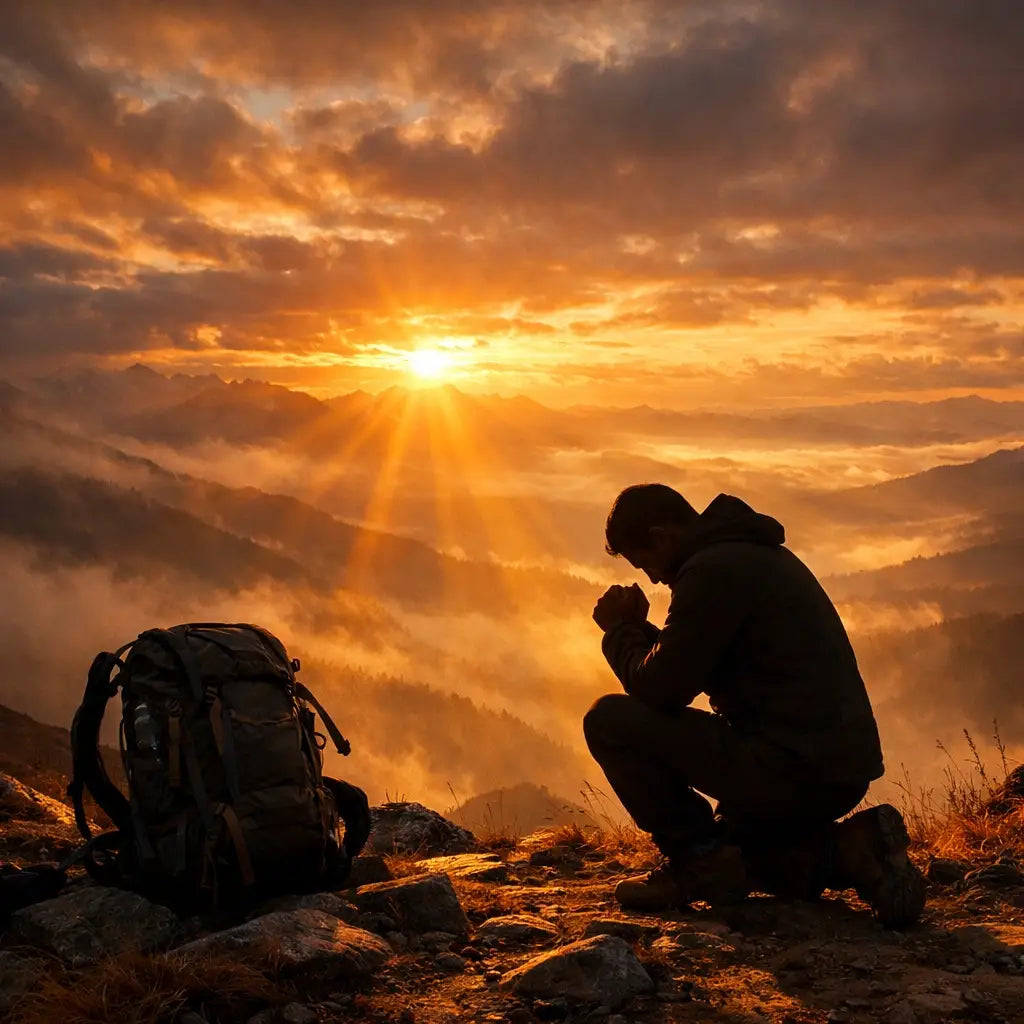 Hiker praying at sunrise on mountain ridge, experiencing spiritual preparation in wilderness