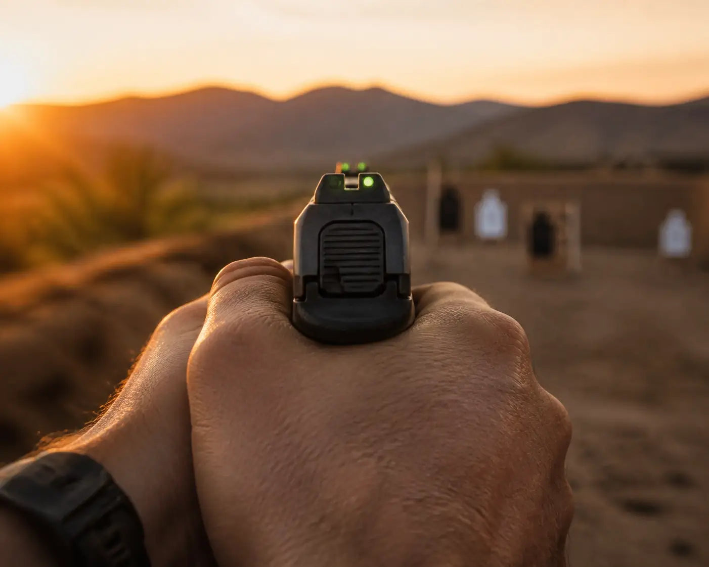 Close-up of high-visibility night sights on a handgun during a focused practice session at sunset.