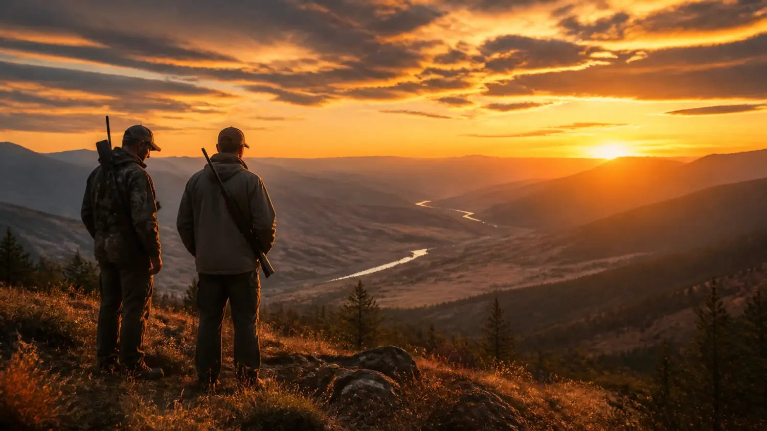 Two people on a ridge at sunset