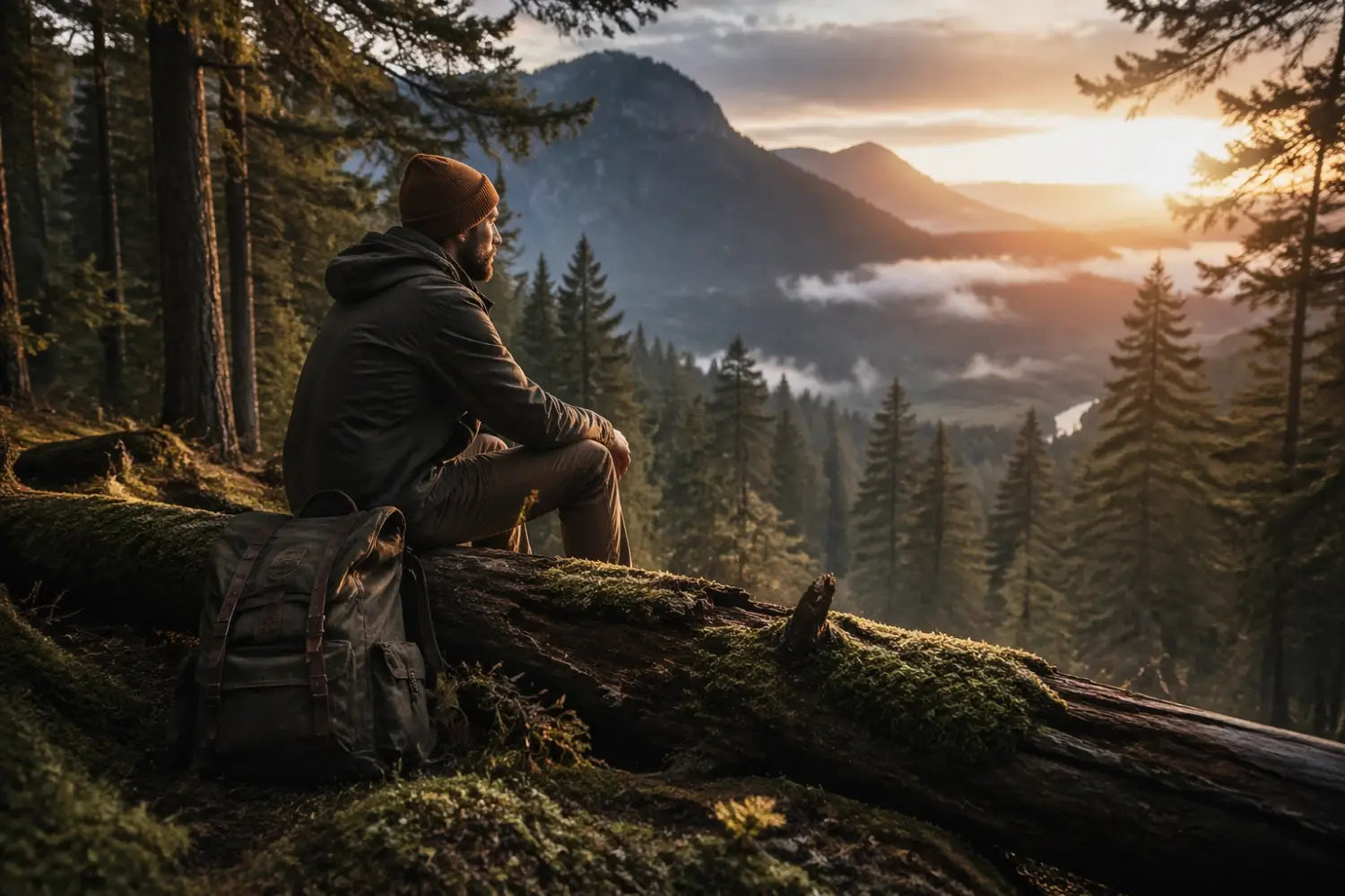 A man sitting on a forest log at dawn reflecting on his faith-fueled journey in nature.