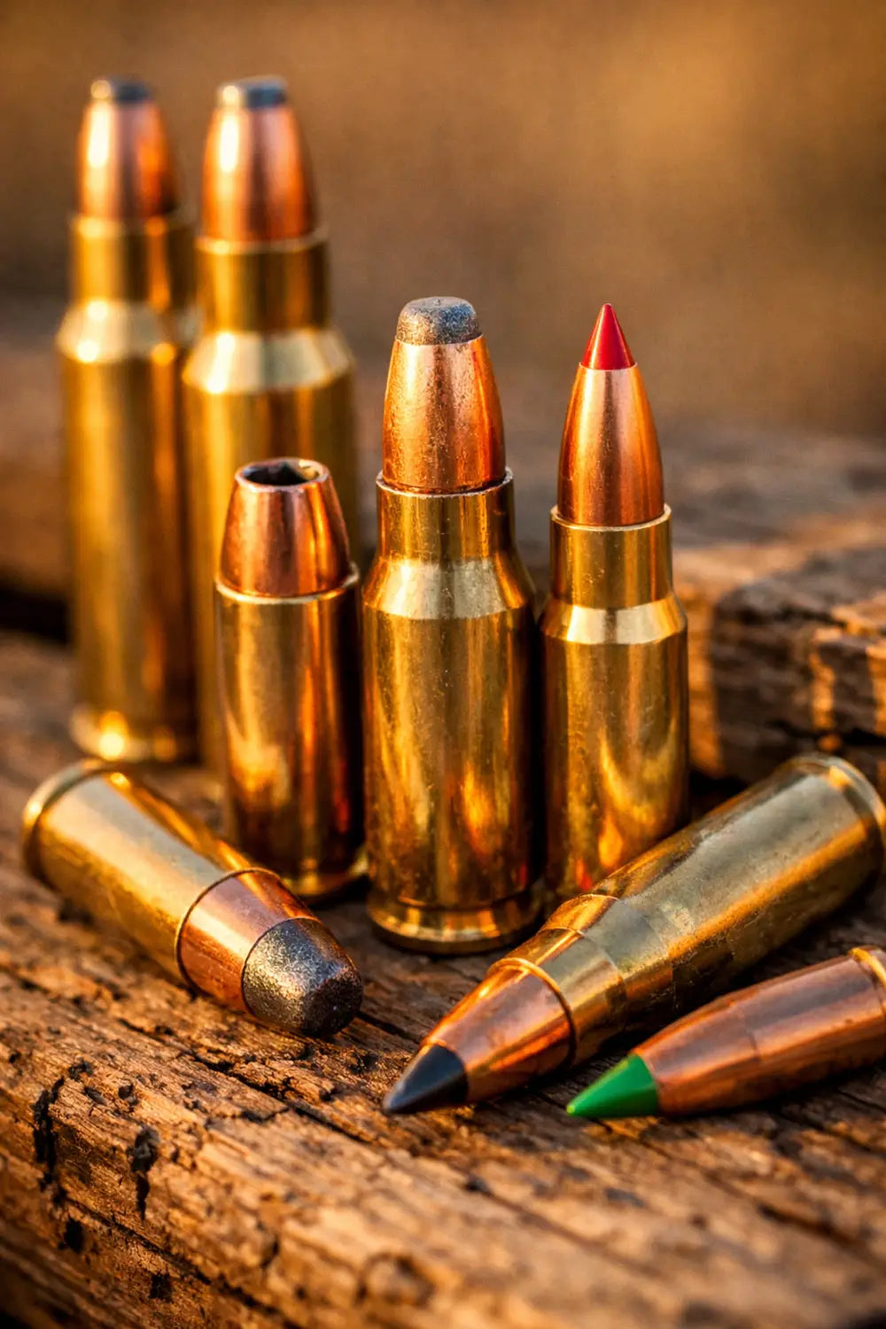 Various hunting rifle ammunition types including soft point, hollow point, and ballistic tip bullets