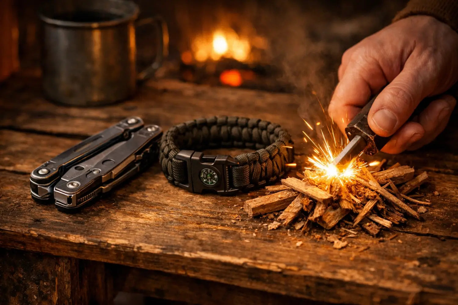 Essential hunting survival kit with a multi-tool and fire-starting gear on a rustic campsite table.