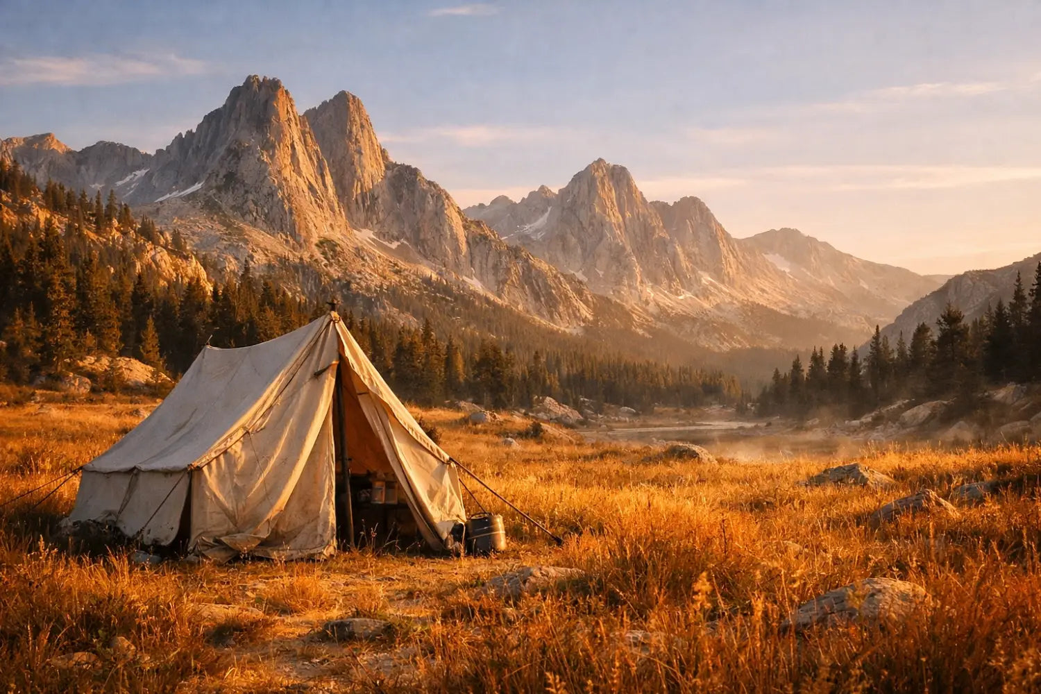 A rustic canvas tent pitched in a sun-drenched mountain meadow for a spiritual camping retreat.