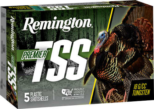 Remington Rem Ammo TSS Turkey 5-pk 20ga. 3 features five non-toxic #9 tungsten shells (18 g/cc, 1-1/2oz., 1100fps), wild turkey image, and Proudly Loaded in the USA on the Remington-branded box.