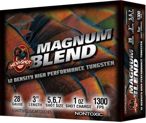 A box of HEVI-Shot Magnum Blend 28 Gauge 3 1 oz #5, 6, 7 Shot (5 rounds) by Hevi-Shot - Environ Metal—high-performance nontoxic shotgun shells with vibrant packaging graphics.