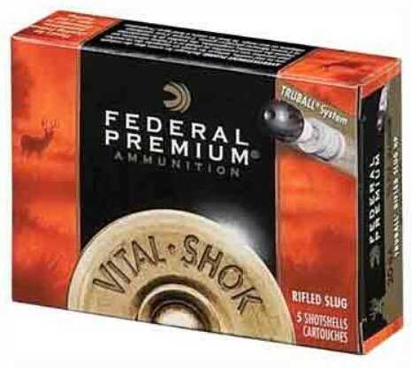 A box of Federal 20 Gauge 3 5/8 oz Slug ammo, featuring orange and black packaging and an image of a shotgun slug, contains 5 rounds by Federal Cartridge—ideal for hunting with rifled slugs.
