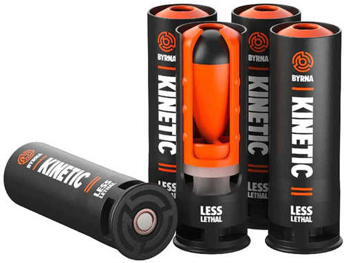 Five black cylindrical Byrna Technologies 12 Gauge 2.5 Kinetic cartridges labeled LESS LETHAL are shown, one cut open to reveal the orange and black projectile inside, offered as a non-lethal alternative in a 10 round case.