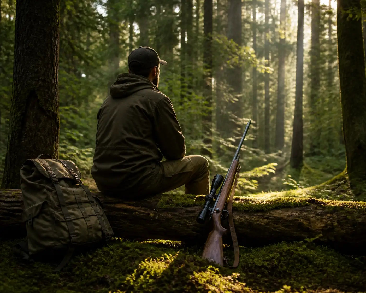 A hunter sitting in quiet reflection on a mossy log, finding spiritual peace in a sun-dappled forest.