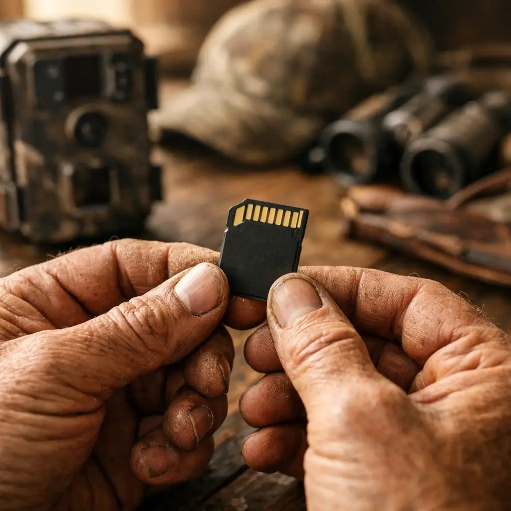 Hunter checking SD card from trail camera with hunting gear on wooden table