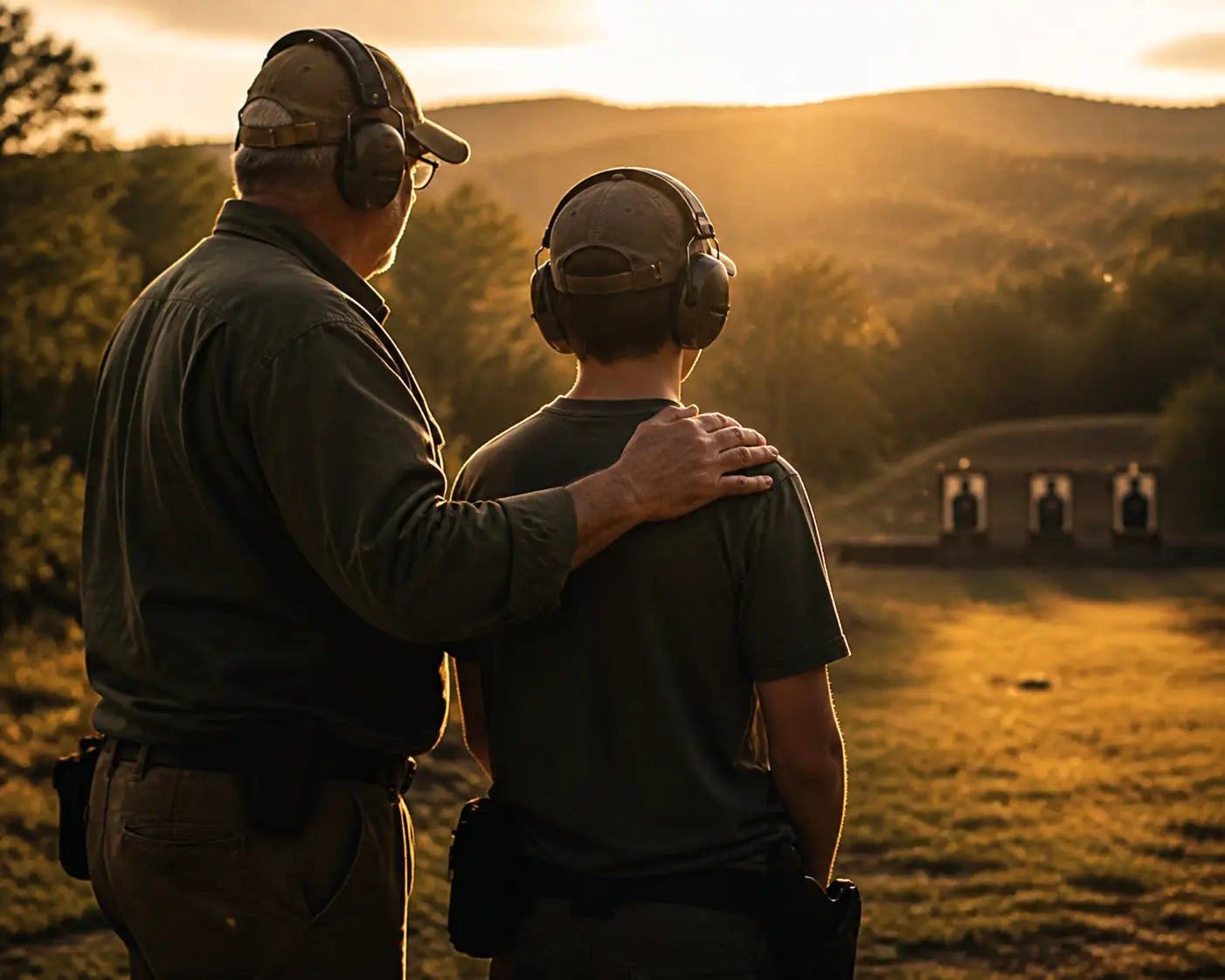 Mentor and student practicing marksmanship at a shooting range during a sunset fellowship.
