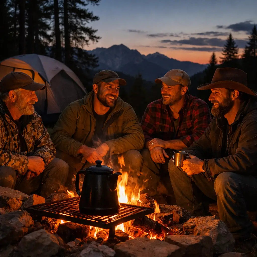 Friends gathering around a campfire for fellowship during a spiritual outdoor retreat.