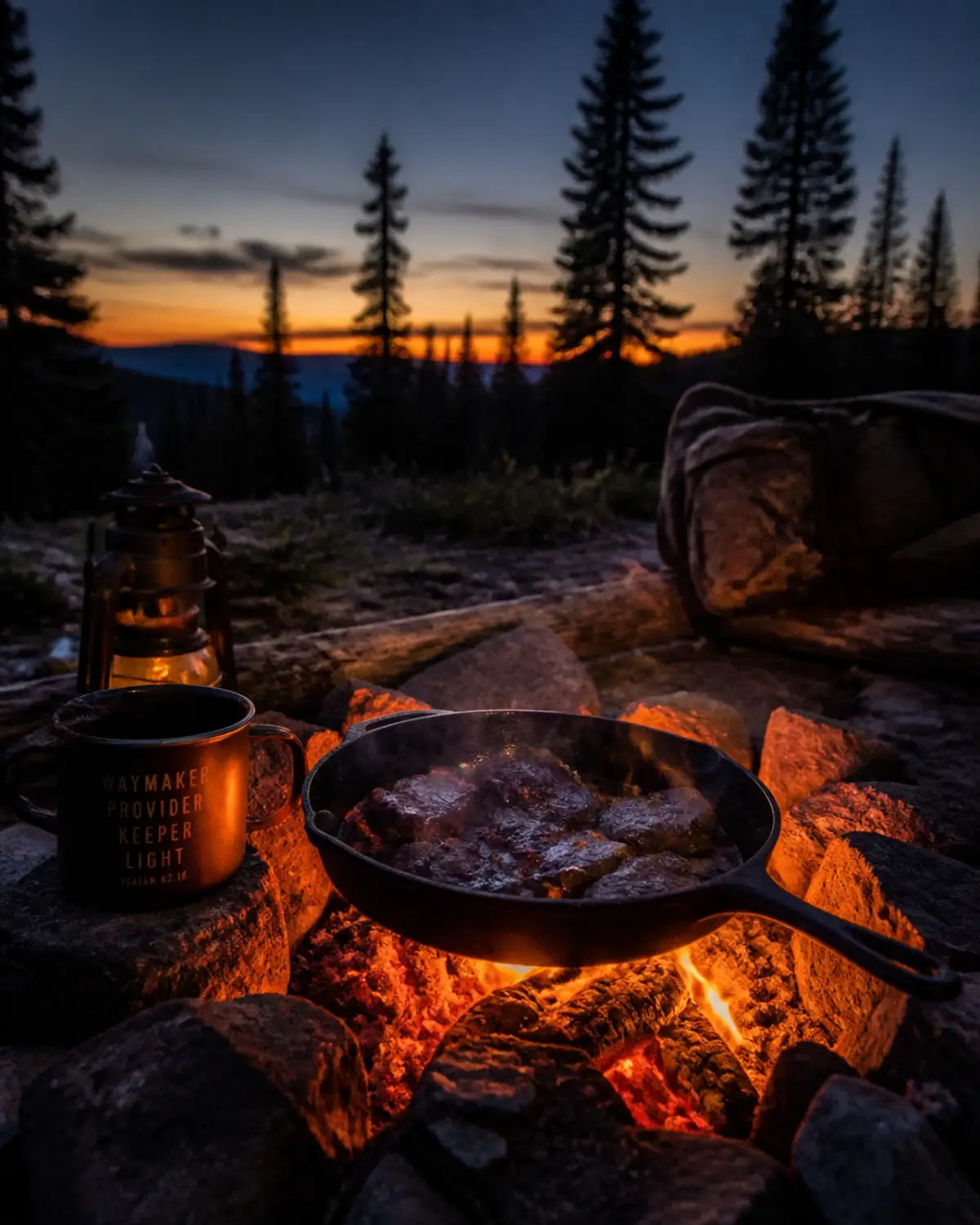 A campfire at dusk with game meat cooking, signifying gratitude and the reward of provision.