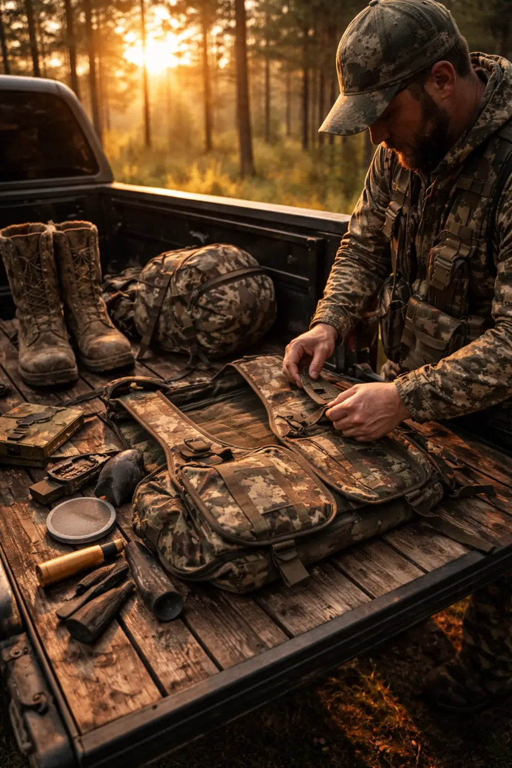 Hunter organizing turkey hunting vest and gear on truck tailgate at dawn, showing pre-hunt preparation steps