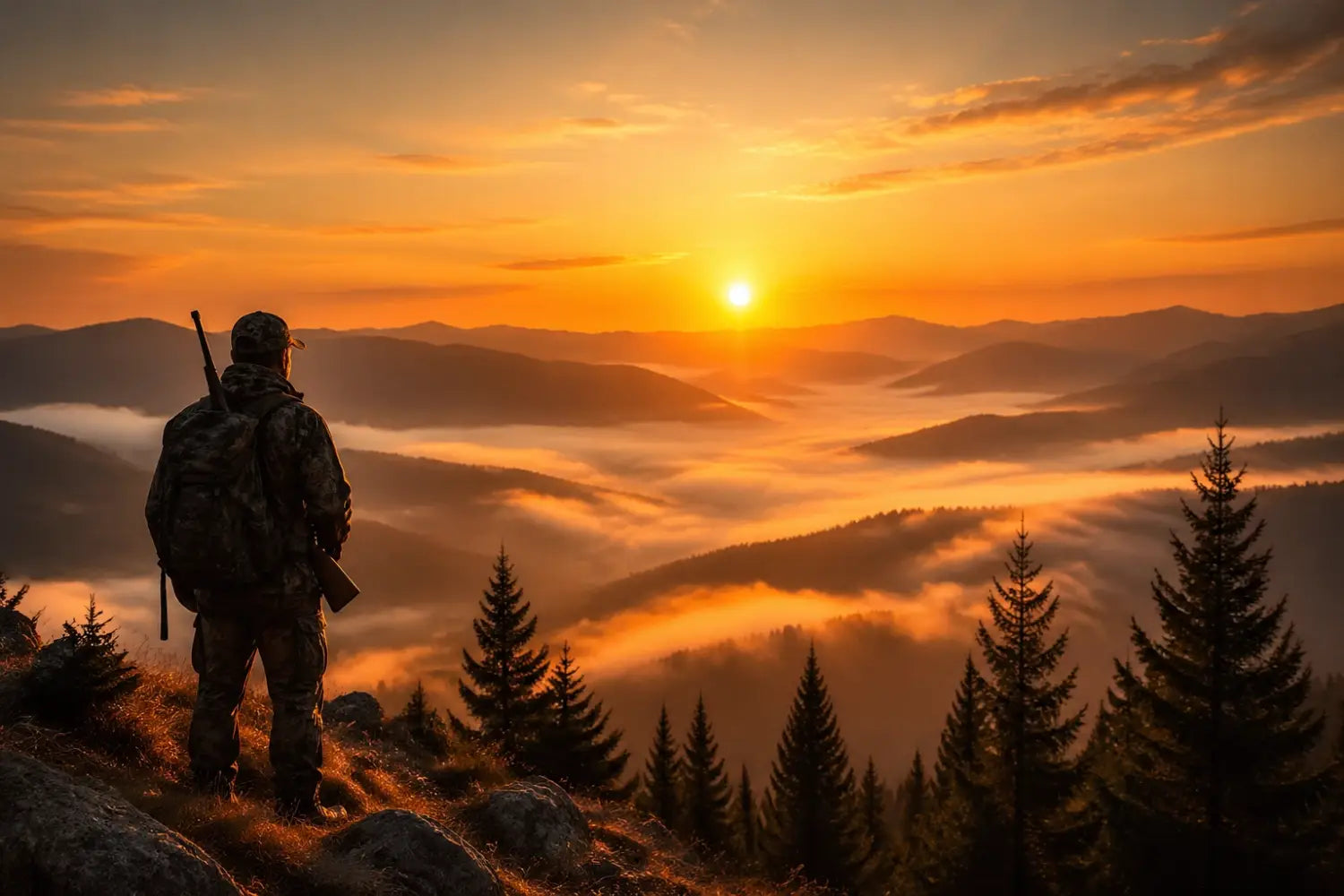 Silhouette of a hunter at sunrise on a mountain ridge overlooking a misty valley in nature.