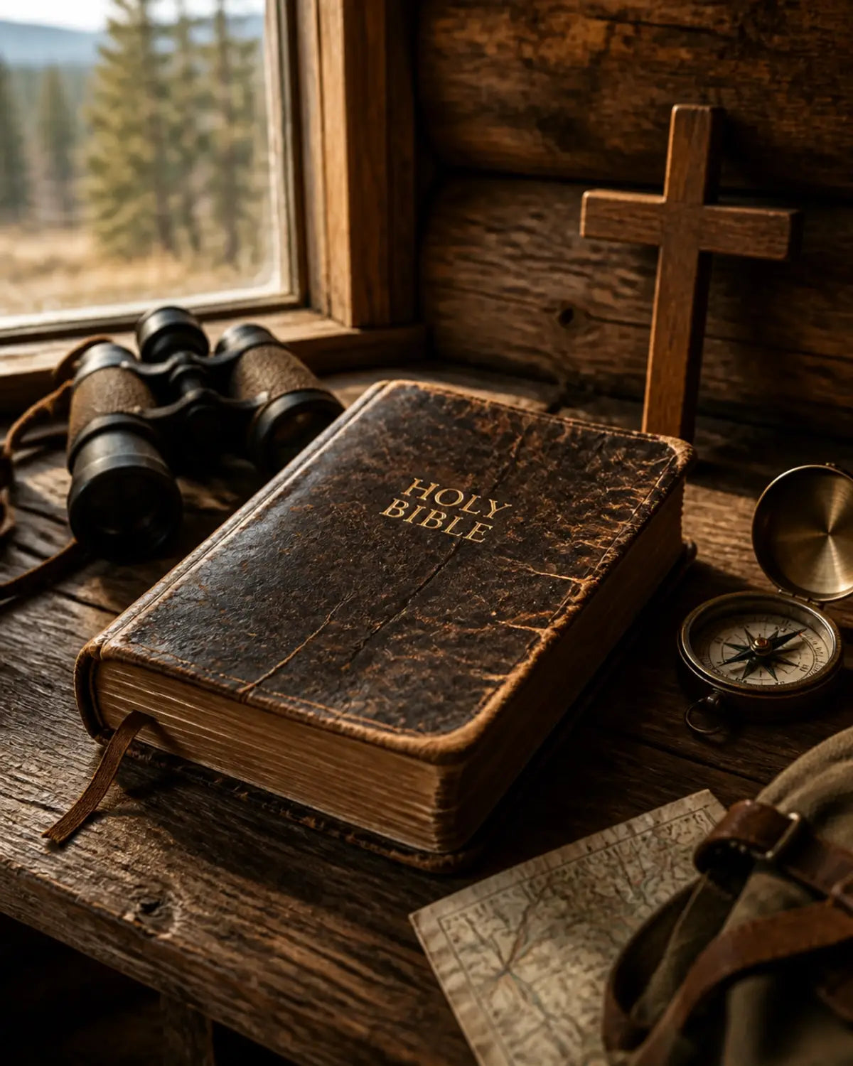 A Bible and binoculars on a rustic table, symbolizing spiritual and physical preparation.