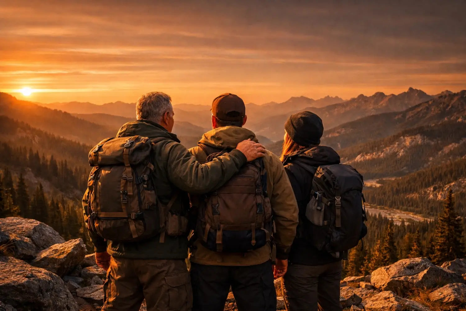 Hikers in tactical gear viewing a mountain sunset, representing a community of believers in the great outdoors.