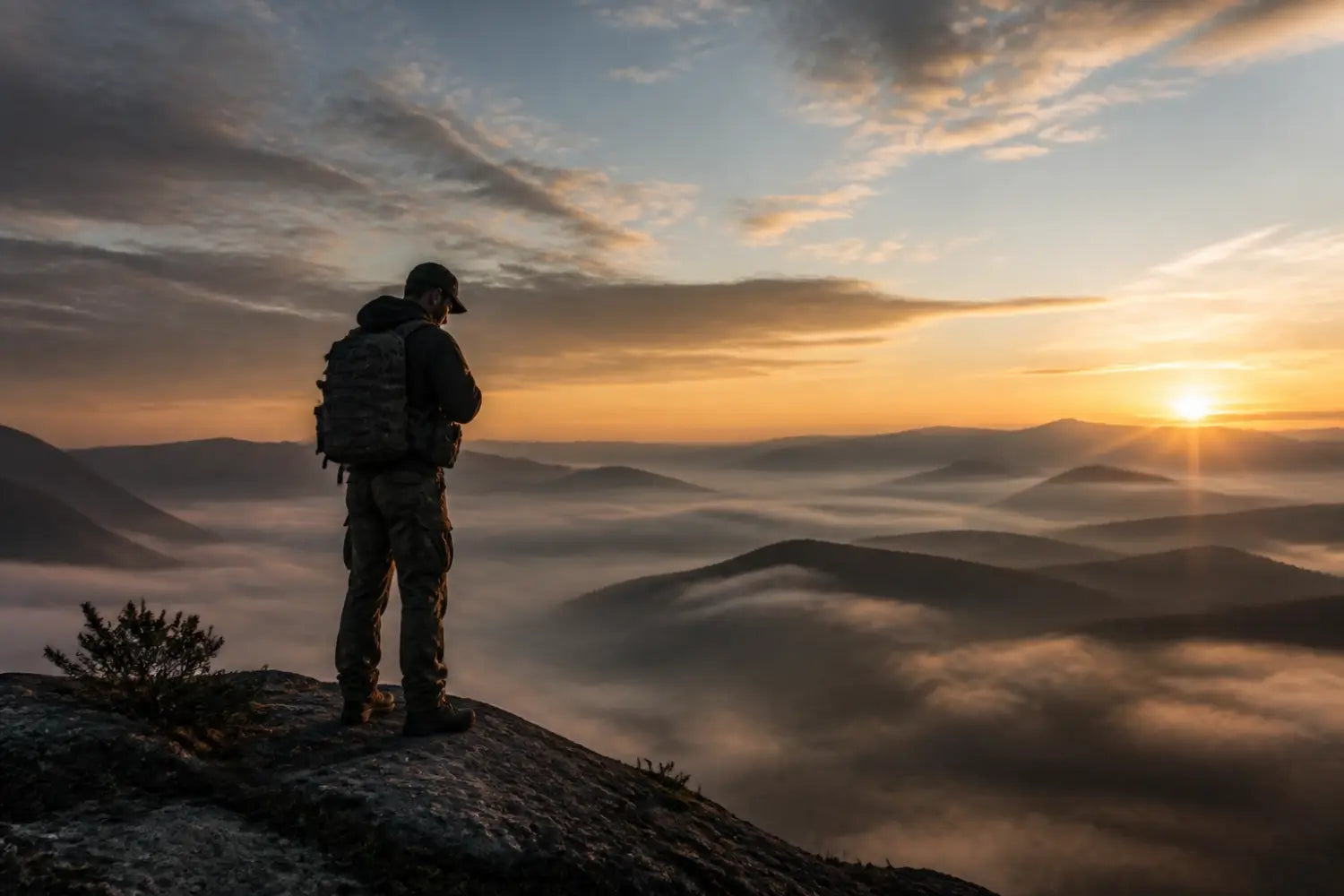 Silhouetted person praying on a cliff edge to build mental focus for faith-based firearm training.