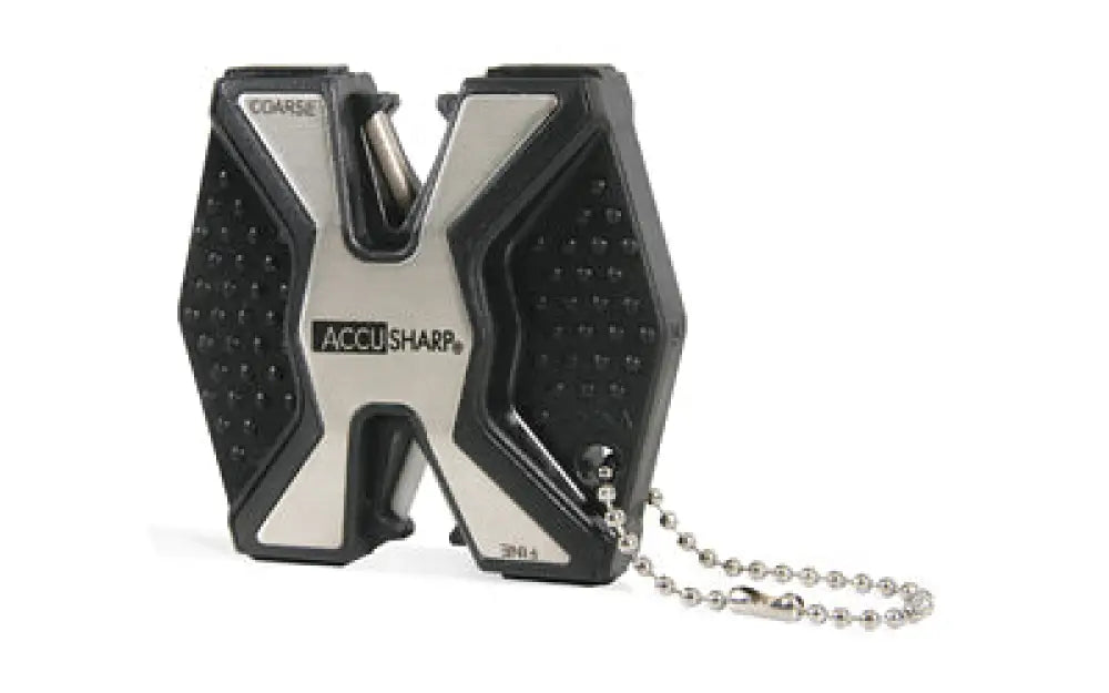 Black and silver Accusharp Diamond Pro cross-shaped knife sharpener with textured grip and metal ball chain