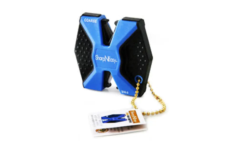 Accusharp Sharpneasy blue black x-shaped knife sharpener with gold chain
