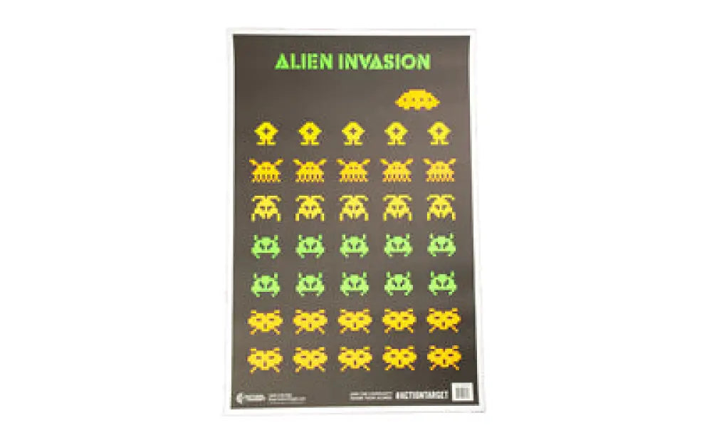 Black pixelated alien invaders on yellow-green action target for alien invasion