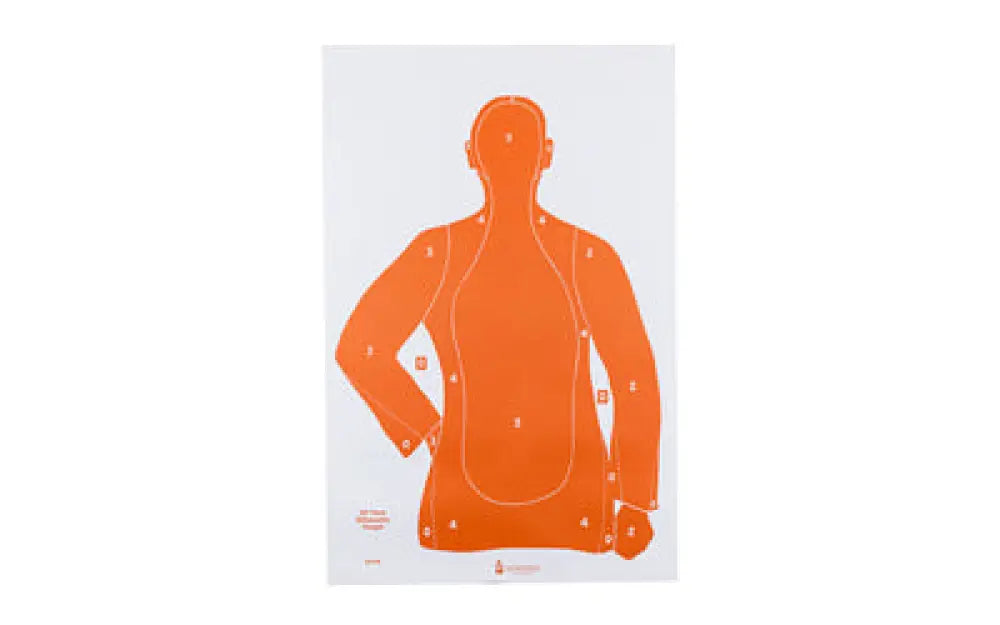 Orange silhouette action target sheet with numbered scoring zones, 100 pack