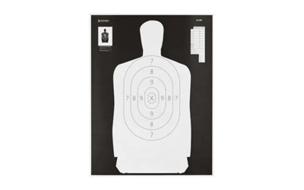 Black action target with white left-hand silhouette and scoring rings, 100 pack