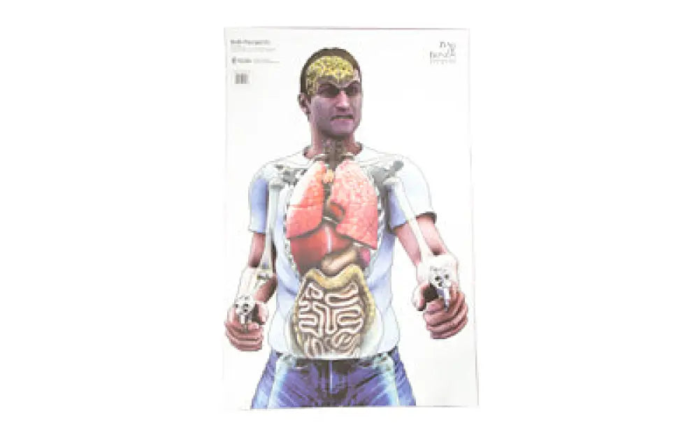 Man in anatomical t-shirt holds controllers for Action Target Bag of Bones 100 pack