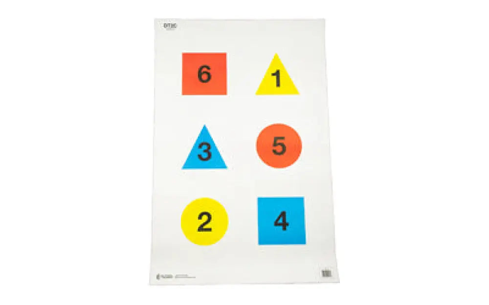 White paper with action target colorful geometric stickers in red, yellow, blue, orange squares, triangles, circles