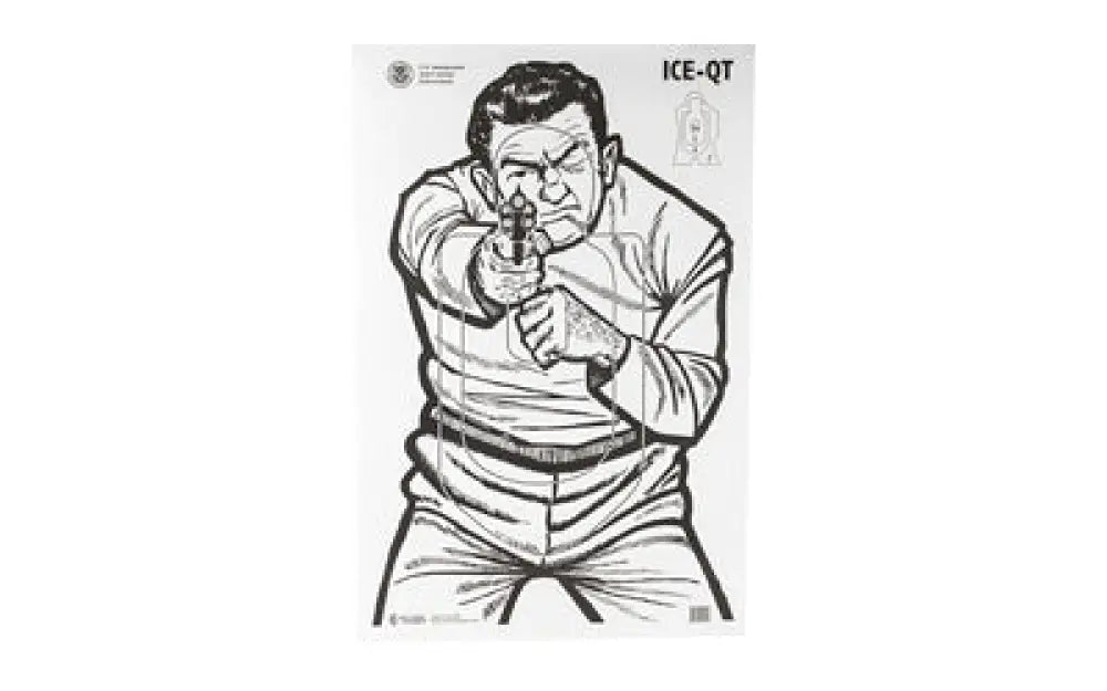 Black-and-white action target line drawing of man with handgun labeled ice-qt