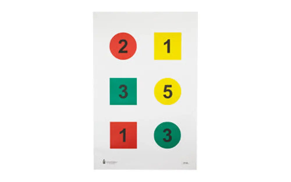 White action target sheet with 6 colored circular targets numbered 1-5 in red yellow green 100 pack