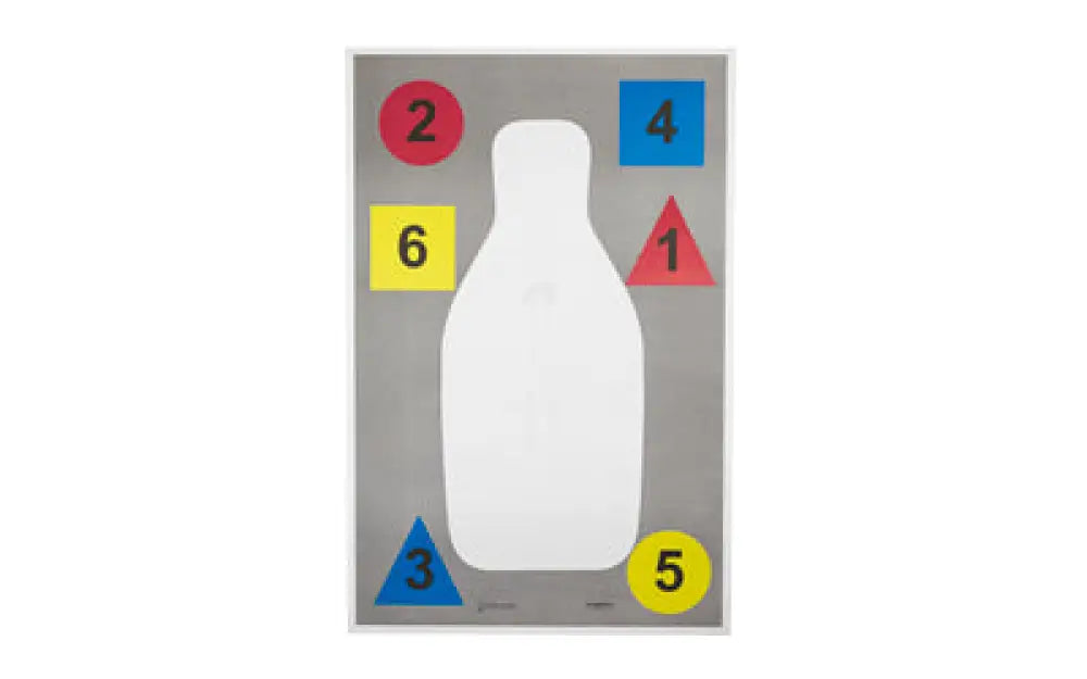 Gray action target with bottle cutout and numbered shapes, 100 pack
