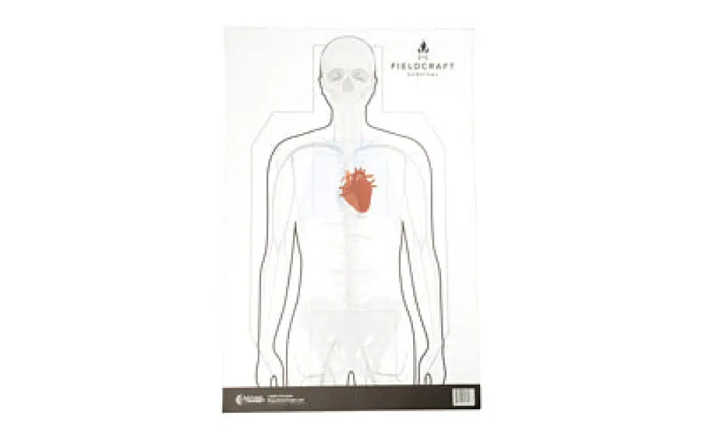 Clear plastic action target with red heart center, Fieldcraft brand