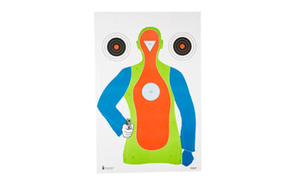 Brightly colored action target with orange torso, green legs, blue arms