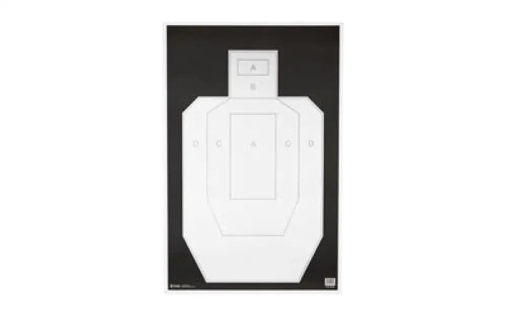 White paper IPSC action target with black border and A B C D zones