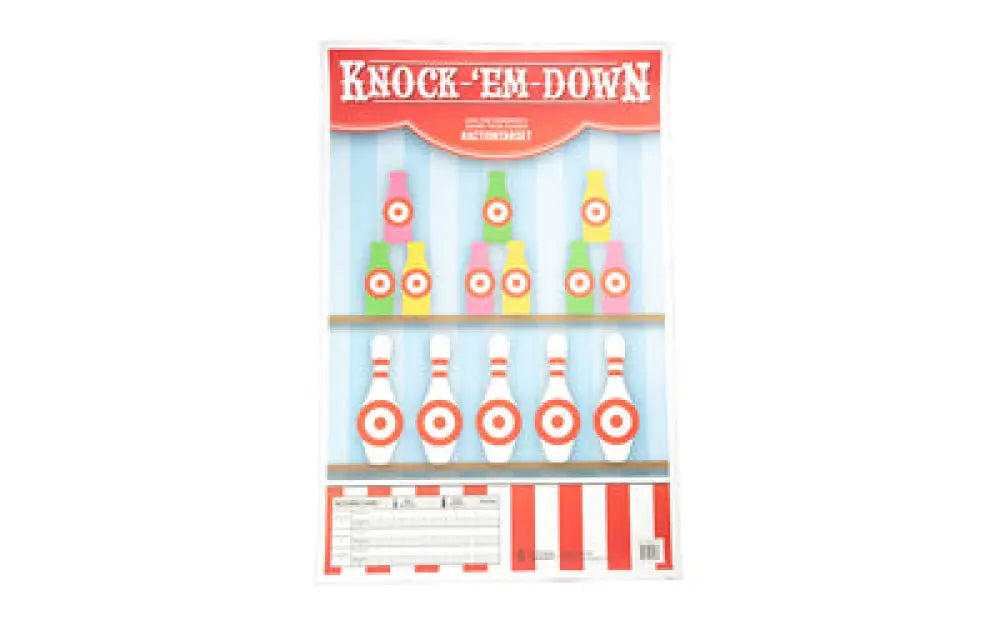 Red and white Action Target Knockem Down bowling poster with colorful pins