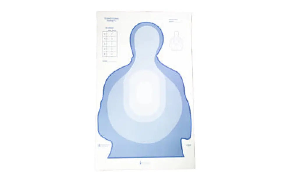 Blue action target silhouette sheet with concentric scoring zones