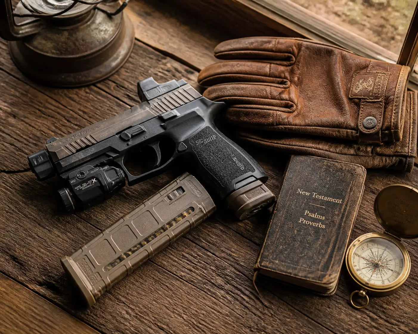 Handgun with Magpul gear and a Bible on a rustic wood table representing faith and firearms.