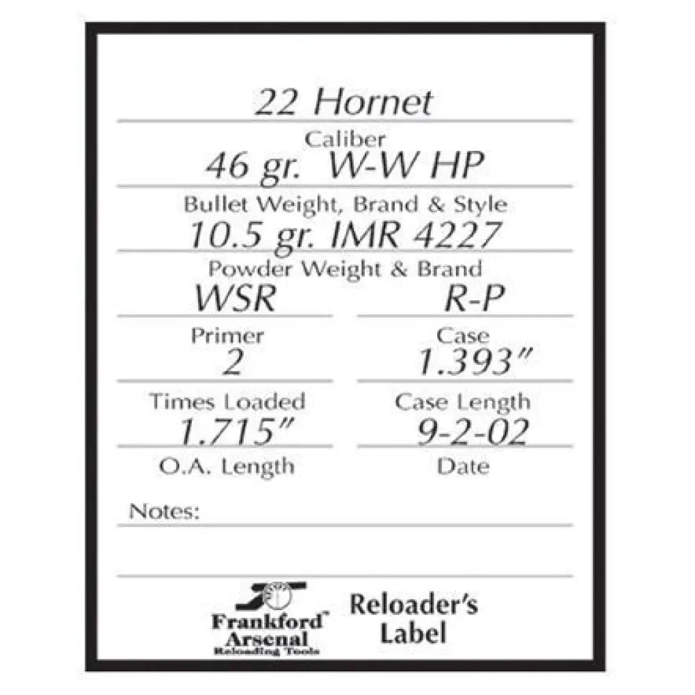 Aob Storage Frankford Arsenal Pistol and Rifle Reloader Labels - 100pk Buy at Faith Freedom Outdoors